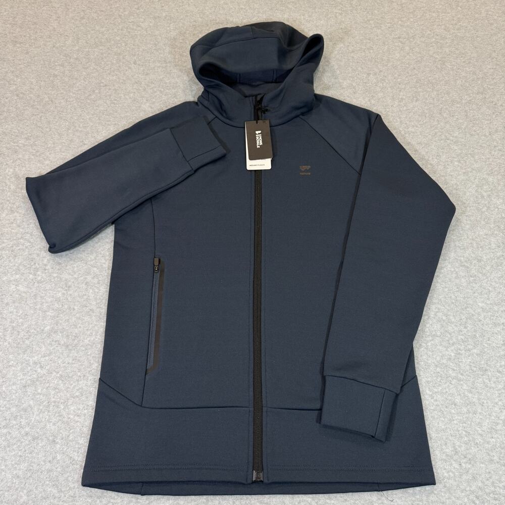 Mons Royale Mens Nevis Merino Wool Hooded Fleece Small Zip-Up Mid Layer Navy NWT